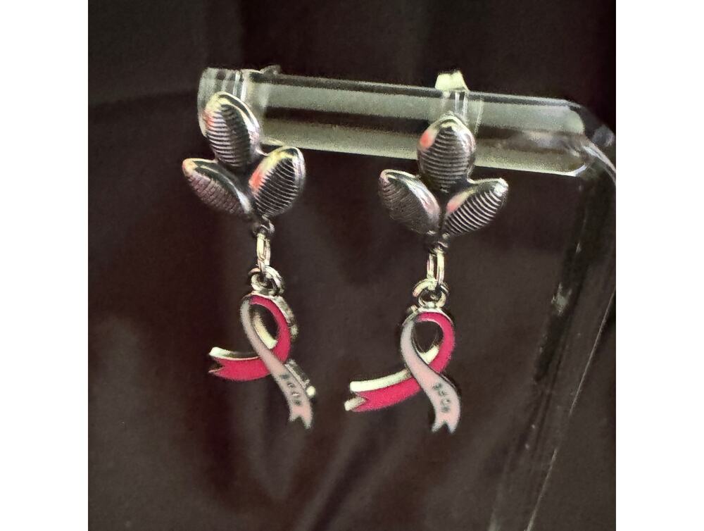 Breast Cancer Awareness Earrings Pink Ribbon Silver Tone E223